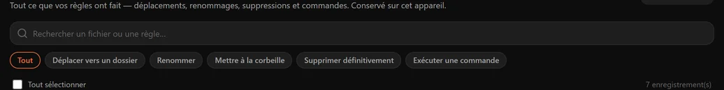 La ligne de filtres de l'historique avec Tout, Déplacer, Corbeille, Supprimer et Exécuter une commande, plus un champ de recherche