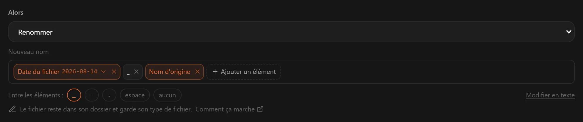 L'action Renommer avec Date du fichier, un tiret bas et Nom d'origine comme éléments du nouveau nom