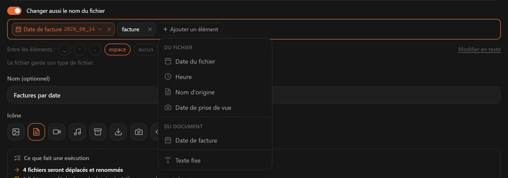 Le menu Ajouter un élément listant Date du fichier, Heure, Nom d'origine et Date de prise de vue sous Du fichier, Date de facture sous Du document, et Texte fixe