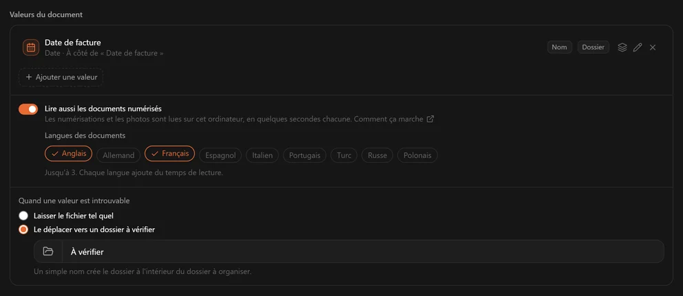 Le panneau Valeurs du document : Date de facture utilisée dans le nom et le dossier, lecture des documents numérisés activée, et fichiers dont la valeur est introuvable déplacés vers un dossier À vérifier