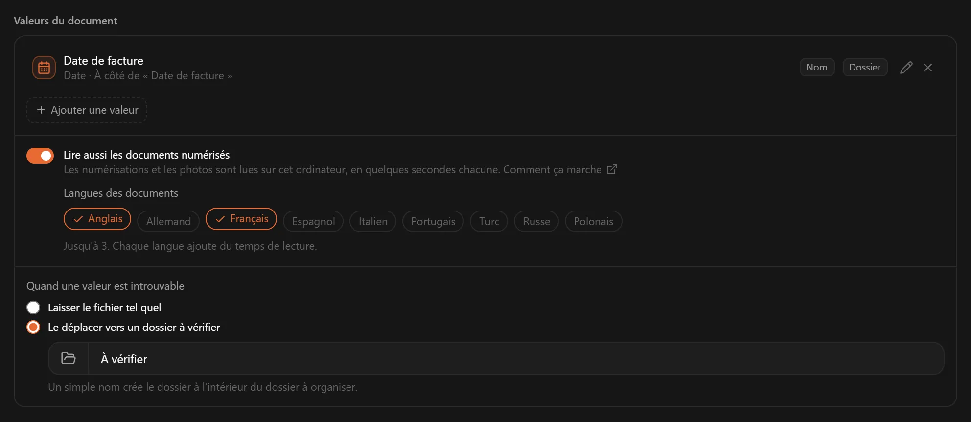 Le panneau Valeurs du document avec Date de facture, la lecture des documents numérisés activée, et les fichiers dont la valeur est introuvable envoyés dans un dossier À vérifier