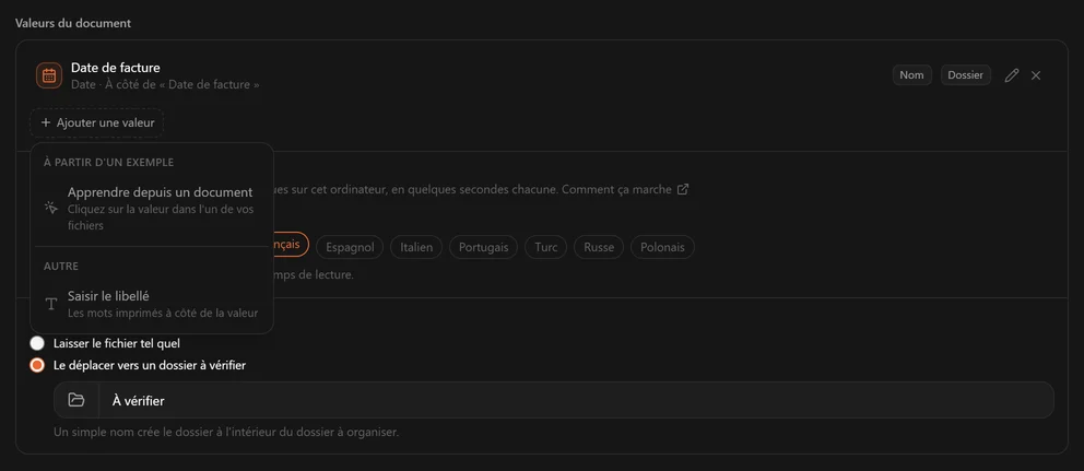 Le menu Ajouter une valeur proposant Apprendre depuis un document sous À partir d'un exemple, et Saisir le libellé sous Autre