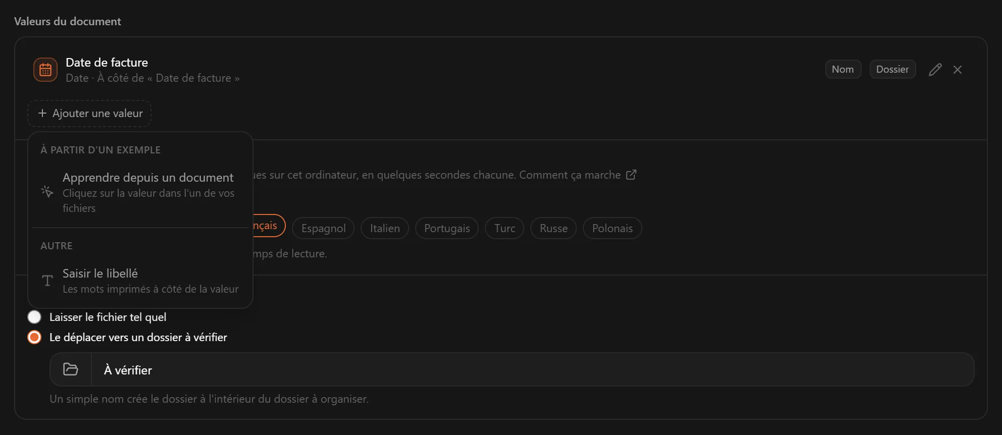 Le menu Ajouter une valeur proposant Apprendre depuis un document et Saisir le libellé