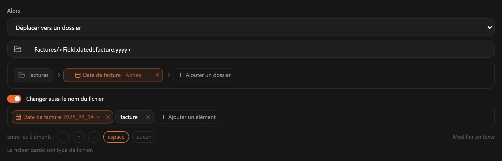 Déplacer vers un dossier avec Factures et Date de facture · Année comme dossier, et Date de facture et facture comme nouveau nom