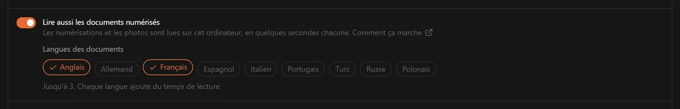 Le réglage Lire aussi les documents numérisés activé, avec les neuf langues des documents à choisir