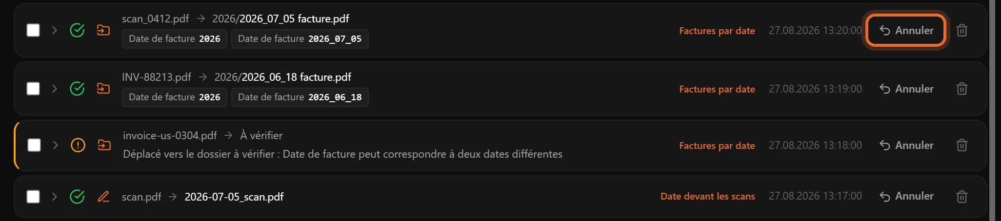Lignes de l'Historique avec des factures renommées, les valeurs utilisées et un bouton Annuler sur chaque ligne