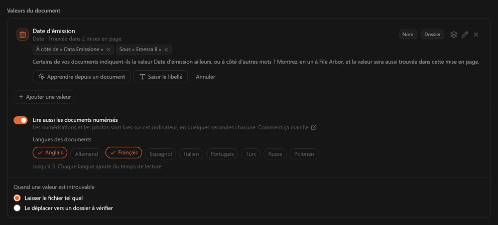 Le panneau Valeurs du document : Date d'émission, trouvée dans 2 mises en page, affiche À côté de « Data Emissione » et Sous « Emessa il », avec Apprendre depuis un document et Saisir le libellé proposés en dessous