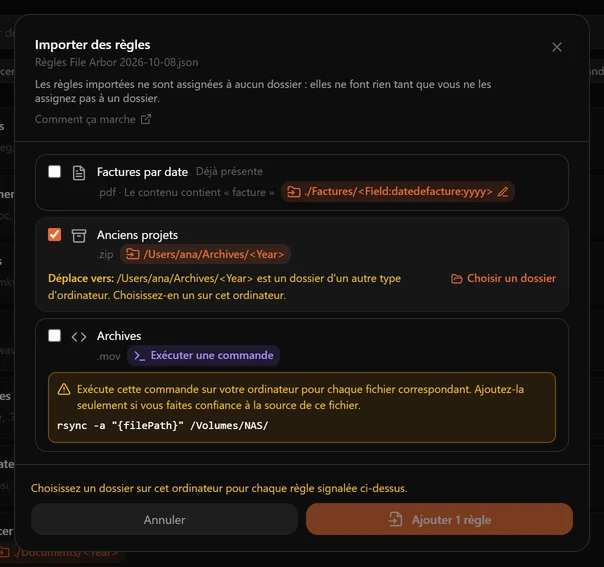 La fenêtre Importer des règles, qui liste trois règles : une déjà présente, une dont le dossier vient d'un autre type d'ordinateur avec un bouton Choisir un dossier, et une qui exécute une commande, affichée en entier