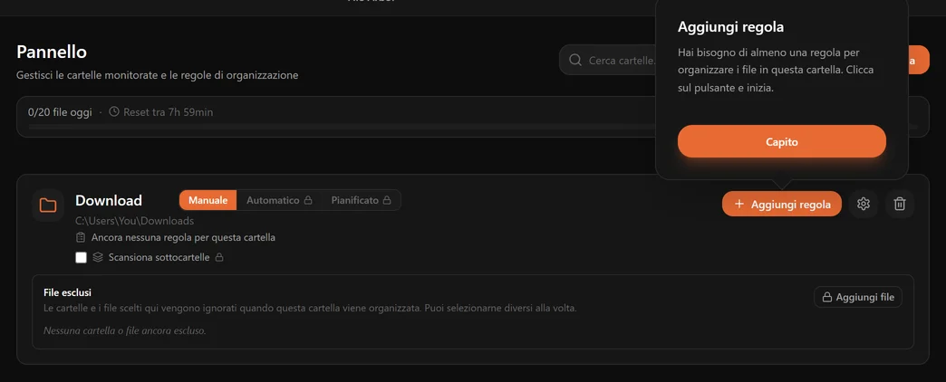Una scheda della cartella Download appena aggiunta, con un fumetto che indica il pulsante Aggiungi regola