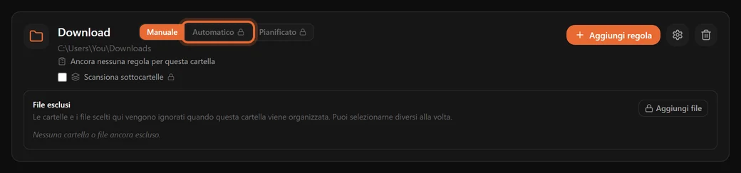 Il selettore Manuale, Automatico e Pianificato su una scheda di cartella, con Automatico evidenziato e bloccato nel piano gratuito