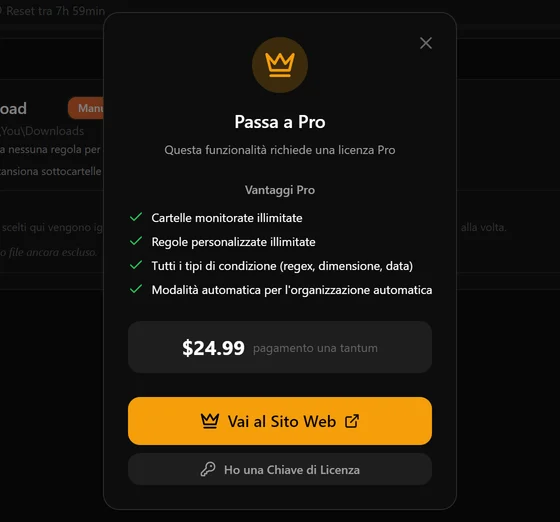 Il pannello di upgrade che compare quando chi è nel piano gratuito clicca una funzione Pro