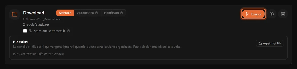 Una scheda di cartella sorvegliata nel pannello, con due regole assegnate e un pulsante Esegui