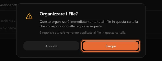 La finestra di conferma Organizzare i File? che indica quante regole verranno applicate