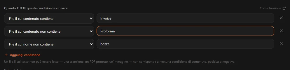 Una regola con una condizione contenuto contiene Invoice e una contenuto non contiene Proforma