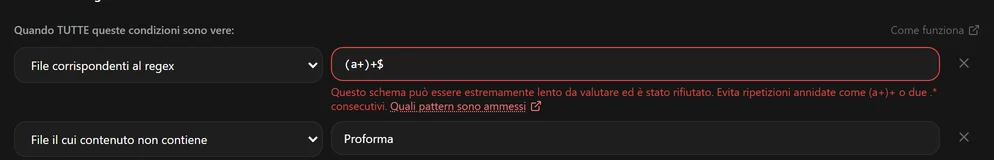 Una condizione regex con (a+)+$ segnata in rosso, con un messaggio che dice che lo schema è stato rifiutato