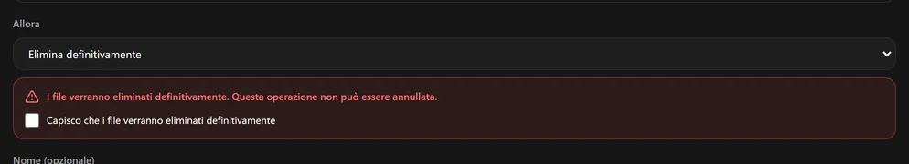 L'azione di eliminazione con un riquadro di avviso rosso e una casella di conferma