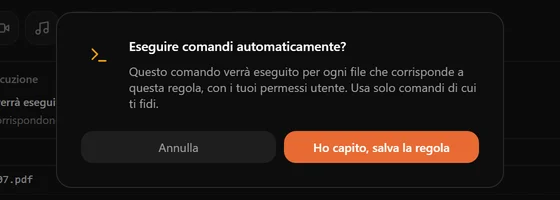 Una finestra che avvisa che il comando girerà per ogni file corrispondente con i tuoi permessi utente