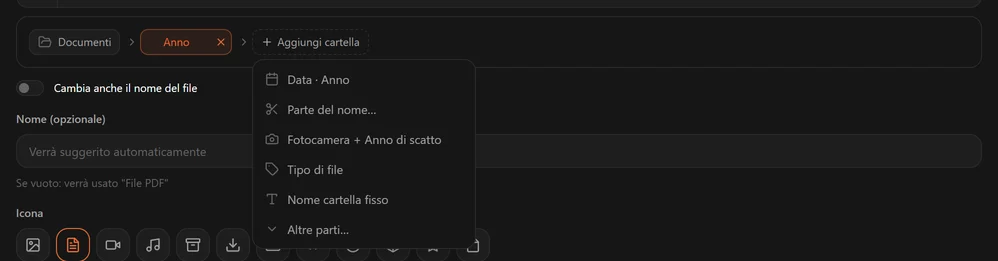 Il menu Aggiungi cartella con Data Anno, Parte del nome, Fotocamera e Anno di scatto, Tipo di file, Nome cartella fisso e Altre parti