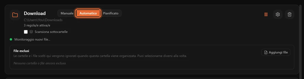 Una scheda di cartella in modalità automatica con un pallino verde e la scritta Monitoraggio nuovi file