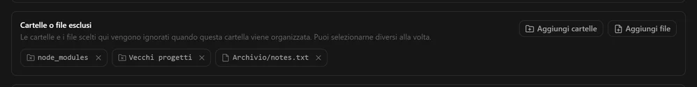 Il pannello delle cartelle o file esclusi con node_modules, Vecchi progetti e Archivio/notes.txt