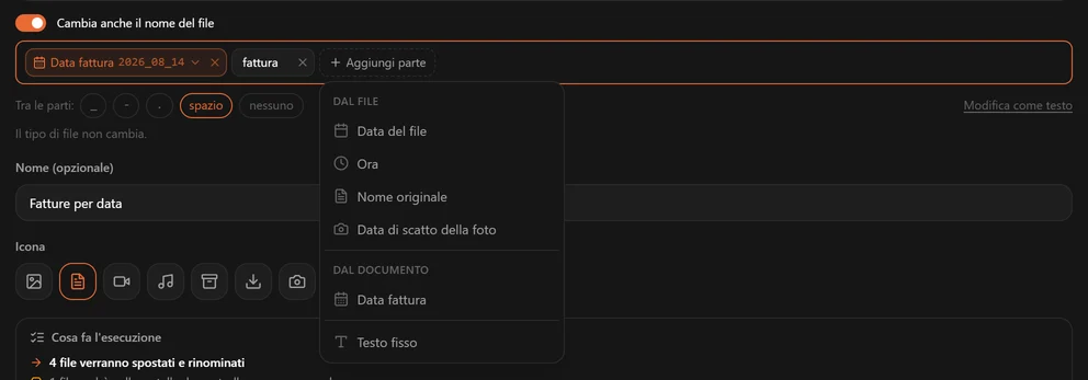Il menu Aggiungi parte con Data del file, Ora, Nome originale e Data di scatto della foto sotto Dal file, Data fattura sotto Dal documento, e Testo fisso