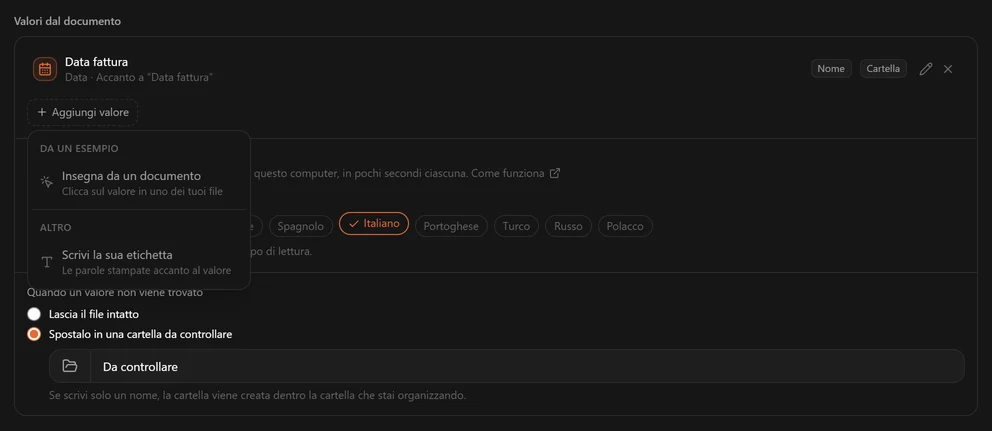 Il menu Aggiungi valore con Insegna da un documento sotto Da un esempio, e Scrivi la sua etichetta sotto Altro