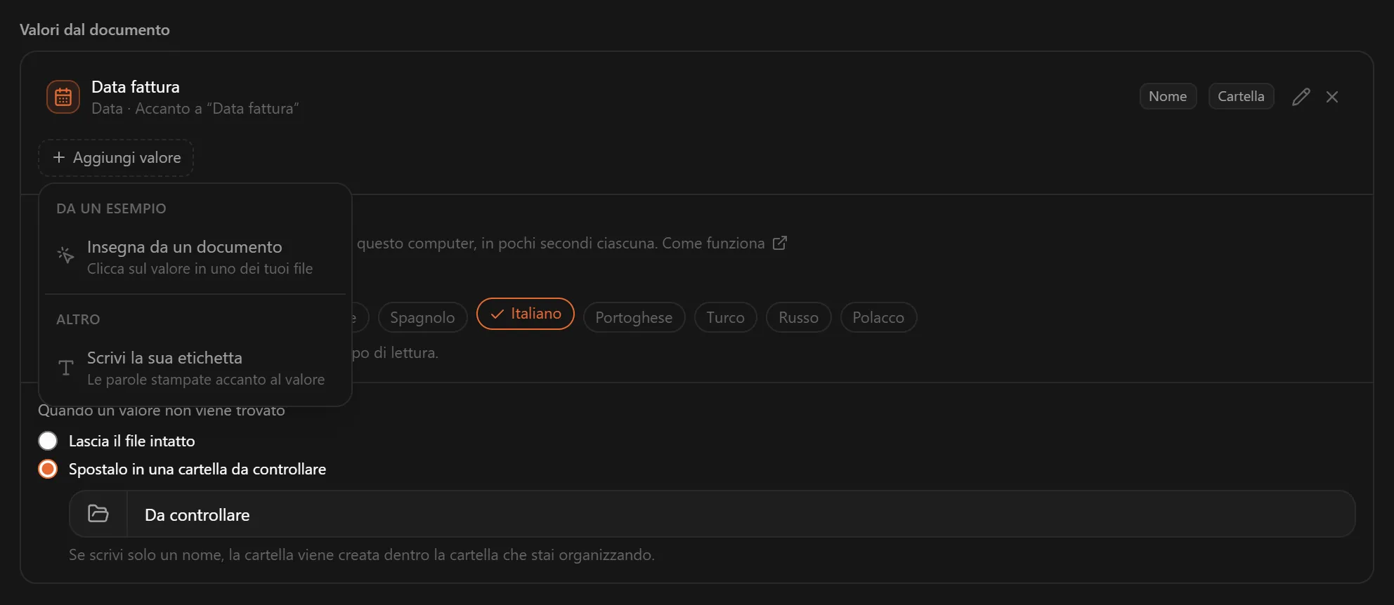 Il menu Aggiungi valore con Insegna da un documento e Scrivi la sua etichetta