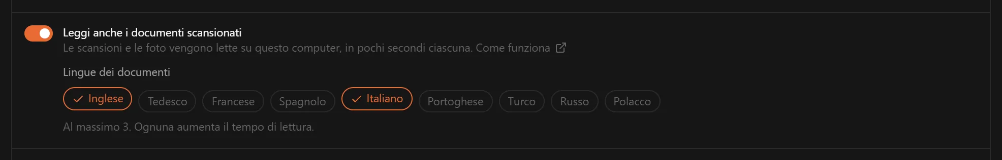 L'interruttore Leggi anche i documenti scansionati attivo, con le nove lingue dei documenti tra cui scegliere