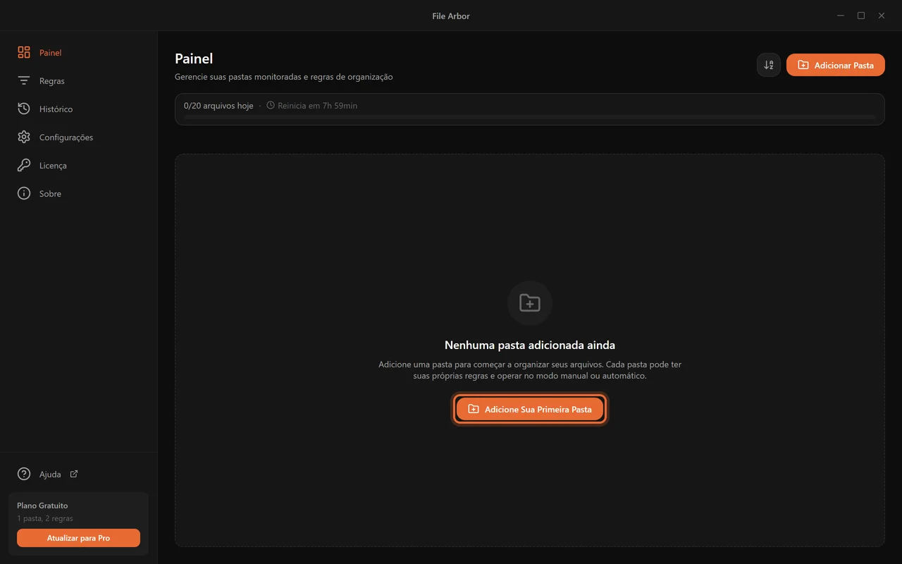 O painel vazio do File Arbor com um botão Adicione Sua Primeira Pasta