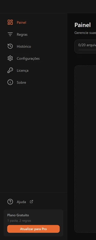 A barra lateral do File Arbor: Painel, Regras, Histórico, Configurações, Licença e Sobre