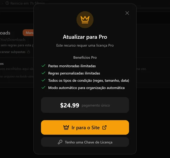 O painel de atualização que aparece quando alguém do plano gratuito clica num recurso Pro