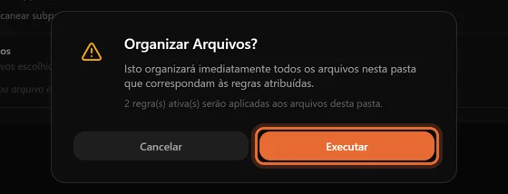 A janela de confirmação Organizar Arquivos? indicando quantas regras serão aplicadas