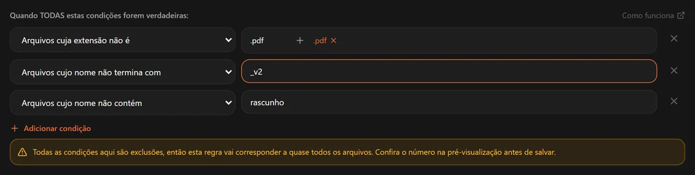 Uma regra feita só de exclusões, com um aviso âmbar de que ela vai corresponder a quase todos os arquivos