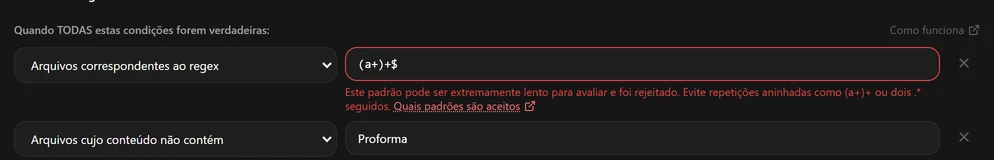 Uma condição regex com (a+)+$ marcada em vermelho, com uma mensagem dizendo que o padrão foi recusado
