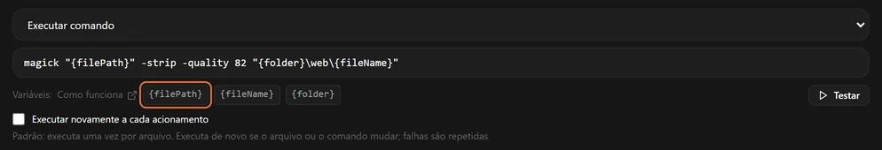 O editor de comando com um comando, as três etiquetas de variáveis e um botão Testar