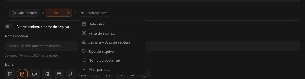 O menu Adicionar pasta com Data Ano, Parte do nome, Câmera e Ano de captura, Tipo de arquivo, Nome de pasta fixo e Mais partes