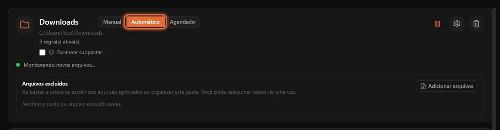 Um cartão de pasta no modo Automático com um ponto verde e o texto Monitorando novos arquivos