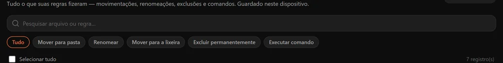 A linha de filtros do histórico com Tudo, Mover, Lixeira, Excluir e Executar comando, além de um campo de busca