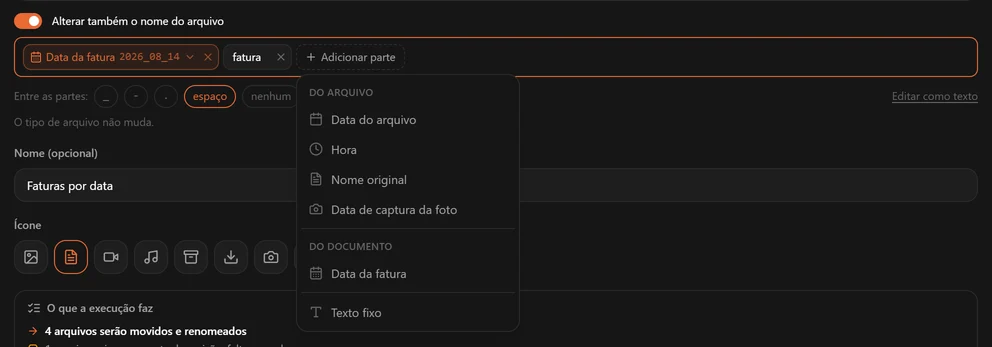 O menu Adicionar parte listando Data do arquivo, Hora, Nome original e Data de captura da foto no grupo Do arquivo, Data da fatura no grupo Do documento, e Texto fixo