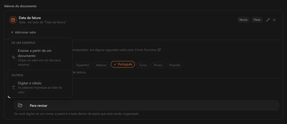 O menu Adicionar valor oferecendo Ensinar a partir de um documento no grupo De um exemplo, e Digitar o rótulo no grupo Outros