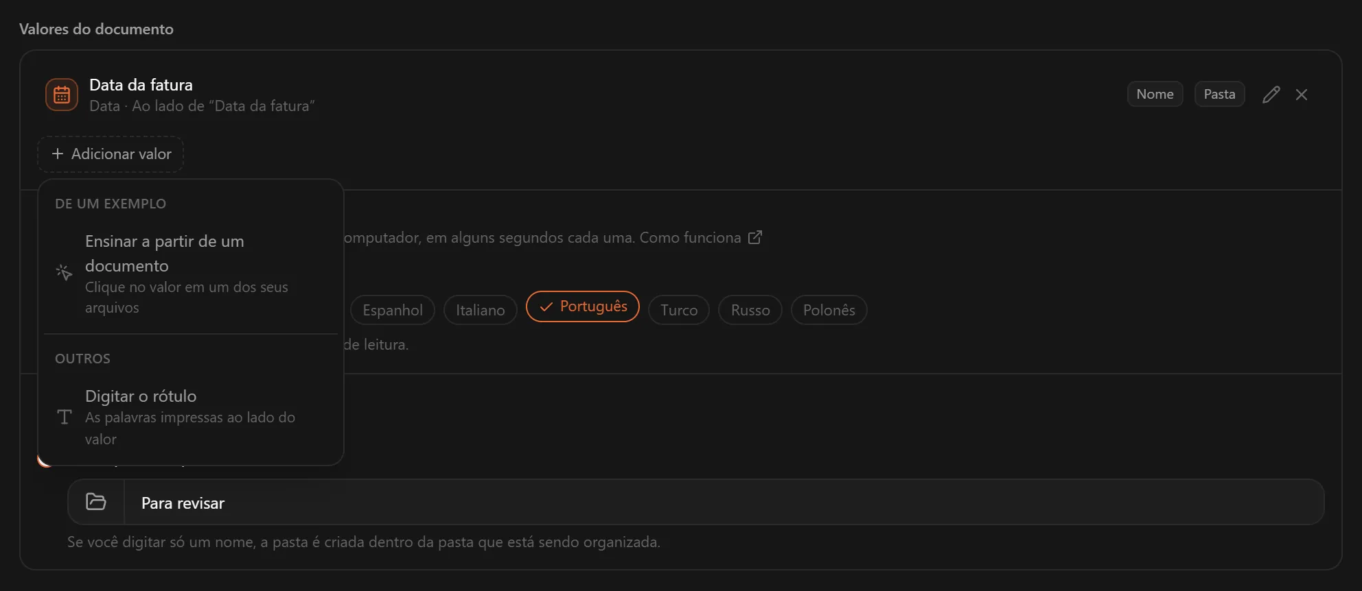 O menu Adicionar valor oferecendo Ensinar a partir de um documento e Digitar o rótulo