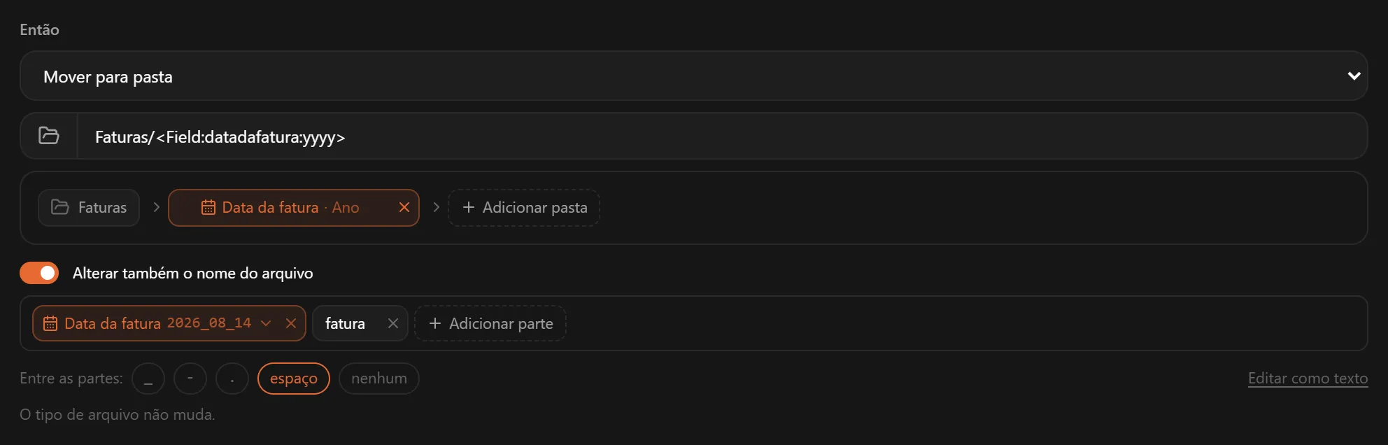 Mover para pasta com Faturas e Data da fatura · Ano como pasta, e Data da fatura e fatura como novo nome