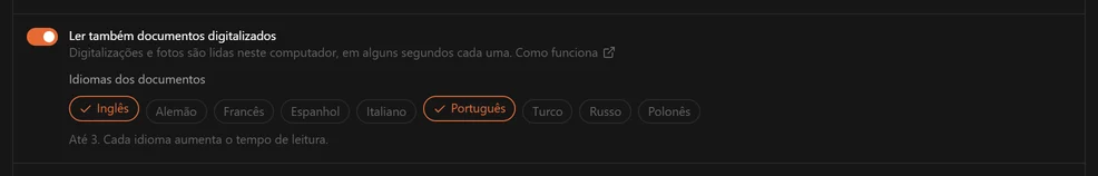 A opção Ler também documentos digitalizados ativada, com os nove idiomas dos documentos para escolher