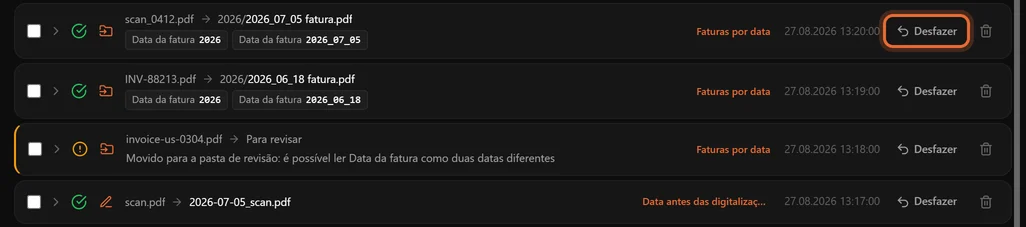 Linhas do Histórico com faturas renomeadas e os valores de Data da fatura usados, um arquivo movido para a pasta de revisão com o motivo e uma digitalização renomeada, todas com um botão Desfazer