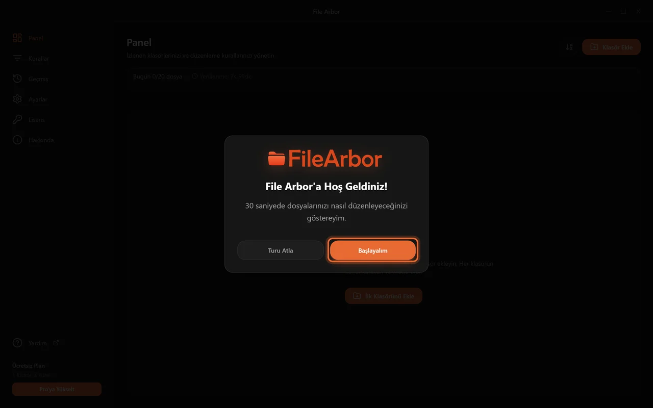 File Arbor'un ilk açılışındaki karşılama turu; Başlayalım düğmesi vurgulanmış