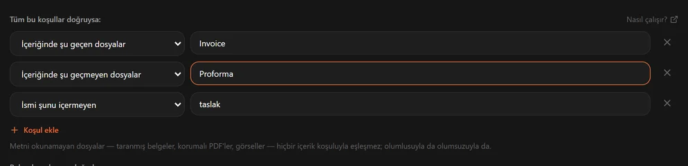 İçeriğinde Invoice geçen ve içeriğinde Proforma geçmeyen iki koşulu olan bir kural