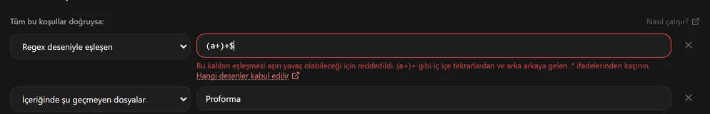 (a+)+$ içeren bir regex koşulu kırmızıyla işaretlenmiş ve desenin reddedildiğini söyleyen bir mesaj