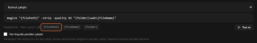 Komut çalıştırma formu: komut alanı, üç değişken etiketi ve Test et düğmesi