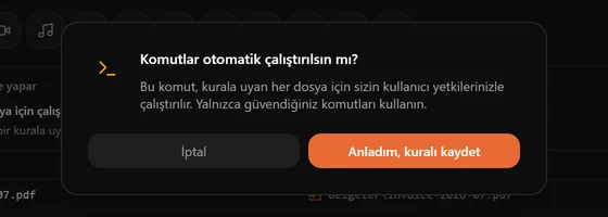 Komutun eşleşen her dosya için sizin yetkilerinizle çalışacağını söyleyen uyarı penceresi
