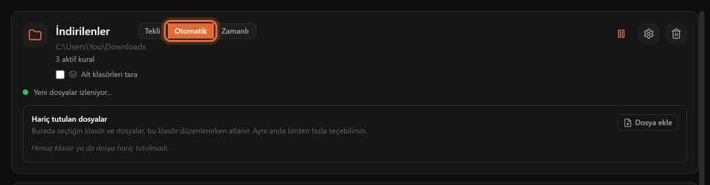 Otomatik modda bir klasör kartı; yeşil nokta ve Yeni dosyalar izleniyor yazısı